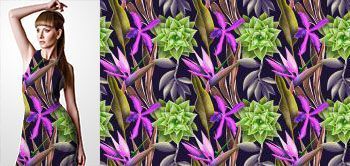 12022 Materiał ze wzorem malowane duże tropikalne kwiaty (strelicja, sprekelia, sukulent) i egzotyczne liście